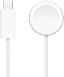 Un caricabatterie USB-C accanto a un cavo magnetico USB-C per la ricarica rapida di Apple Watch
