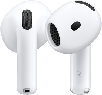 Un paio di AirPods; l’auricolare sinistro è mostrato da dietro, l’auricolare destro è mostrato di fronte e ha la lettera R sullo stelo, per indicare che va nell’orecchio destro