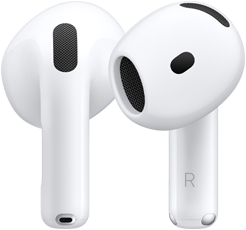 Un paio di AirPods; l’auricolare sinistro è mostrato da dietro, l’auricolare destro è mostrato di fronte e ha la lettera R sullo stelo, per indicare che va nell’orecchio destro