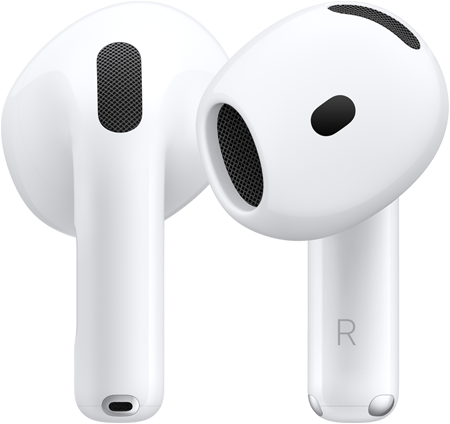 Un paio di AirPods 5, con un auricolare mostrato di fronte e uno da dietro per evidenziare il design