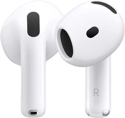 Un paio di AirPods 5, con un auricolare mostrato di fronte e uno da dietro per evidenziare il design