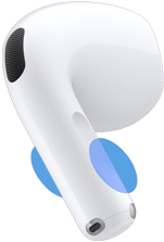 Un auricolare AirPods 5 visto da dietro, cerchi blu che indicano dove toccare lo stelo per regolare il volume