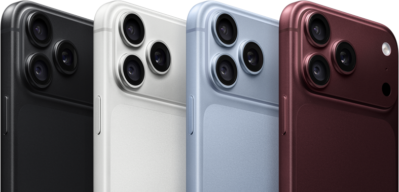 Una fila di iPhone 18 Pro mostrati da dietro nei quattro colori disponibili: borgogna, ghiacciaio, argento e nero; sistema di fotocamere Pro Fusion nell’angolo in alto a sinistra, tre obiettivi, microfono, flash