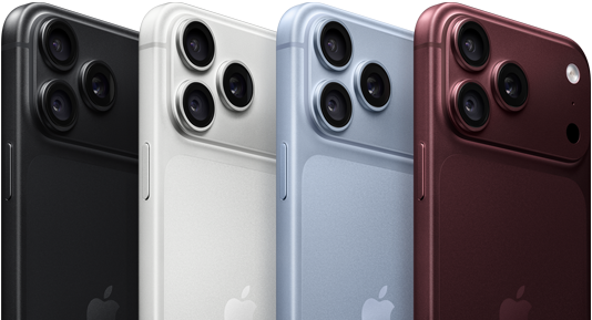 Una fila di iPhone 18 Pro mostrati da dietro nei quattro colori disponibili: borgogna, ghiacciaio, argento e nero; sistema di fotocamere Pro Fusion nell’angolo in alto a sinistra, tre obiettivi, microfono, flash
