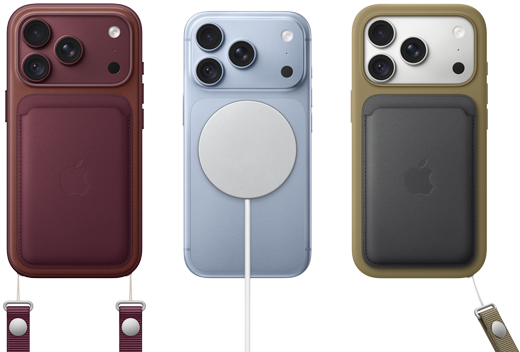 Da sinistra a destra: iPhone 18 Pro con custodia in pelle borgogna e tracolla borgogna, iPhone 18 Pro ghiacciaio con alimentatore MagSafe bianco agganciato, iPhone 18 Pro color argento con portafoglio in pelle verde e laccetto da polso.