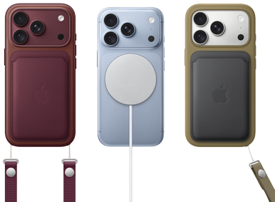Da sinistra a destra: iPhone 18 Pro con custodia in pelle borgogna e tracolla borgogna, iPhone 18 Pro ghiacciaio con alimentatore MagSafe bianco agganciato, iPhone 18 Pro color argento con portafoglio in pelle verde e laccetto da polso.