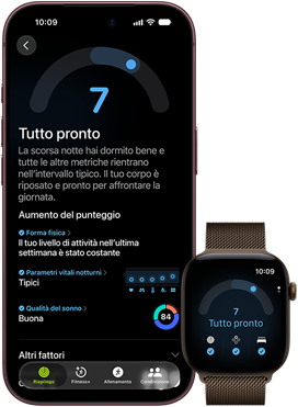 iPhone 18 Pro nero mostrato di fronte, con un punteggio di 7 punti nella funzione Preparazione, abbinato a un Apple Watch marrone mostrato di fronte con lo stesso punteggio di 7 punti nella funzione Preparazione