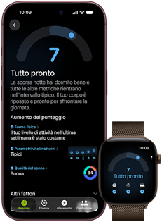 iPhone 18 Pro nero mostrato di fronte, con un punteggio di 7 punti nella funzione Preparazione, abbinato a un Apple Watch marrone mostrato di fronte con lo stesso punteggio di 7 punti nella funzione Preparazione