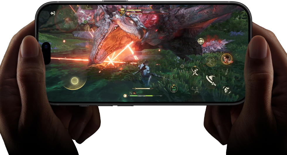 iPhone 18 Pro mostrato di fronte, con una scena tratta da “Monster Hunter Outlander” per mettere in evidenza le prestazioni del chip A20 Pro