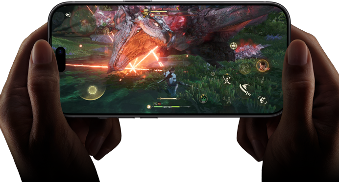 iPhone 18 Pro mostrato di fronte, con una scena tratta da “Monster Hunter Outlander” per mettere in evidenza le prestazioni del chip A20 Pro