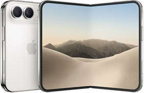 iPhone Duo bianco stellare chiuso, mostrato da dietro, sistema a doppia fotocamera Fusion in alto a sinistra, logo Apple al centro. Display interno aperto, design all-screen, angoli arrotondati