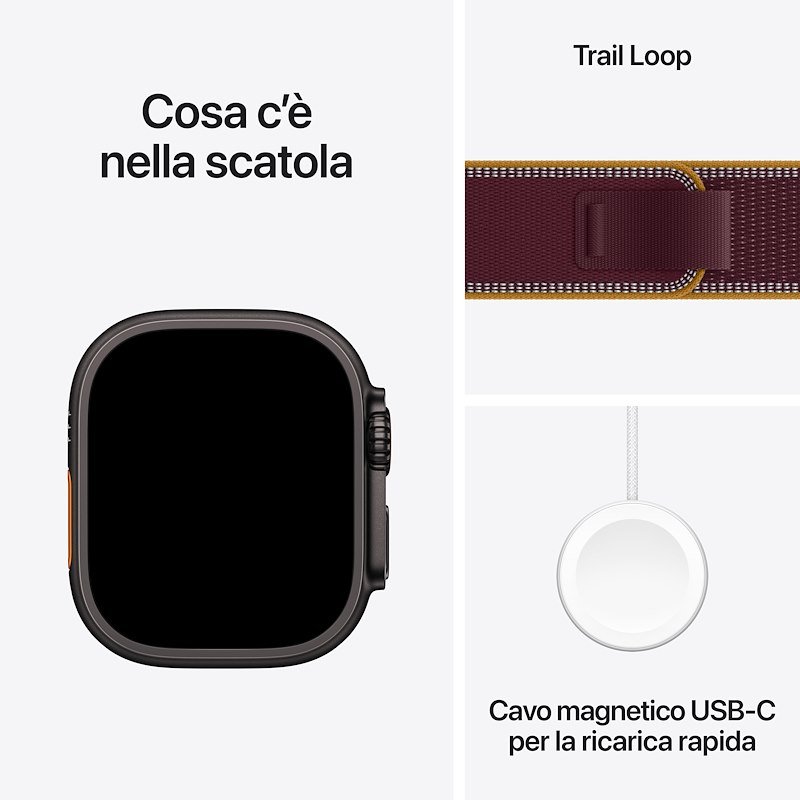Apple Watch Ultra 4 GPS+Cellular 49MM S/M Cassa Titanio Nero e Trail Loop Band Borgogna
