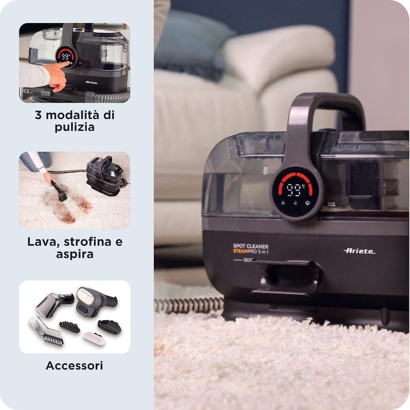 Ariete Lavatappeti e pulitore a vapore Spot Cleaner Steam PRO 5in1 2484 Nero