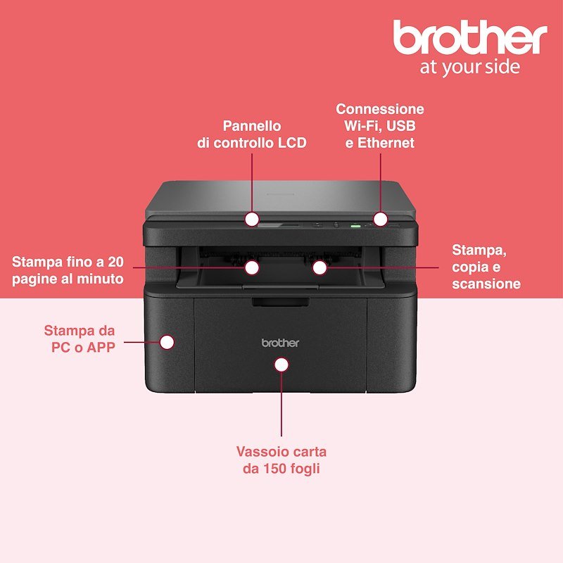 Brother stampante multifunzione 3-in-1 laser monocromatica DCPL1642WXL