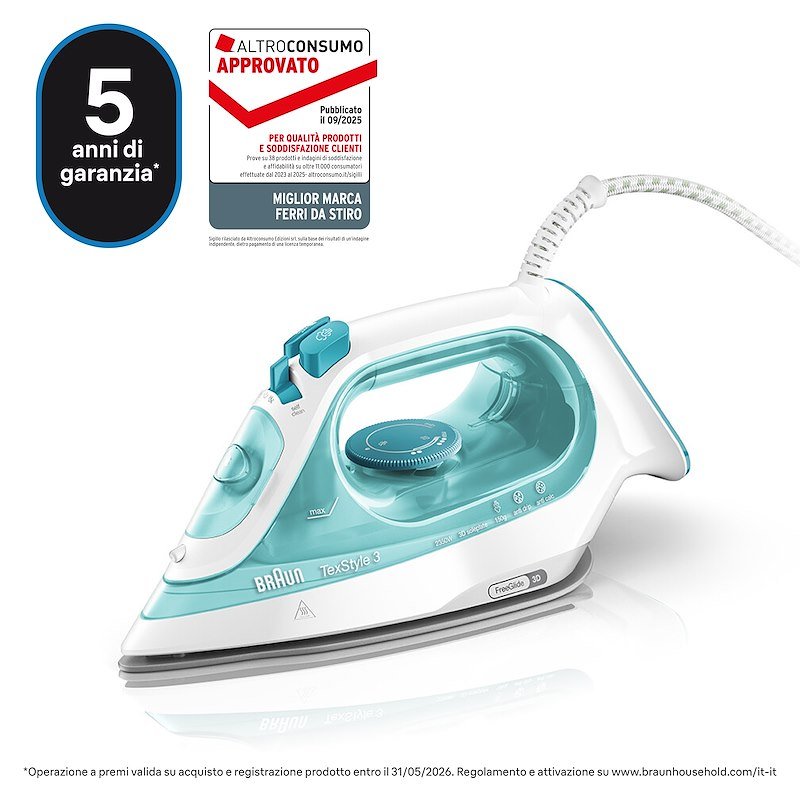 Braun Ferro da Stiro a Vapore TexStyle 3 Si3041gr Bianco-azzurro