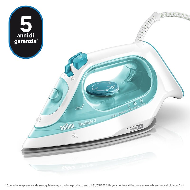 Braun Ferro da Stiro a Vapore TexStyle 3 Si3041gr Bianco-azzurro