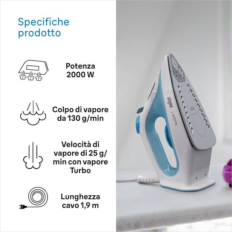 Braun Ferro da stiro a vapore TexStyle 1 SI1050BL Bianco Blu