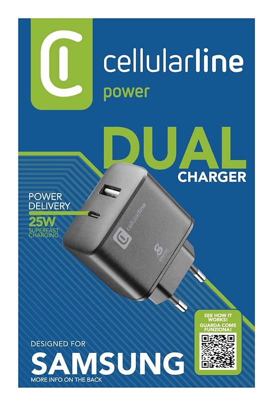 Cellularline caricabatterie da rete Achsmusb2pd25wk Nero