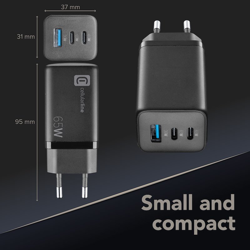 Cellularline CARICABATTERIE RETE GAN 3 PORTE 65W  Achusbgan3pd65wk