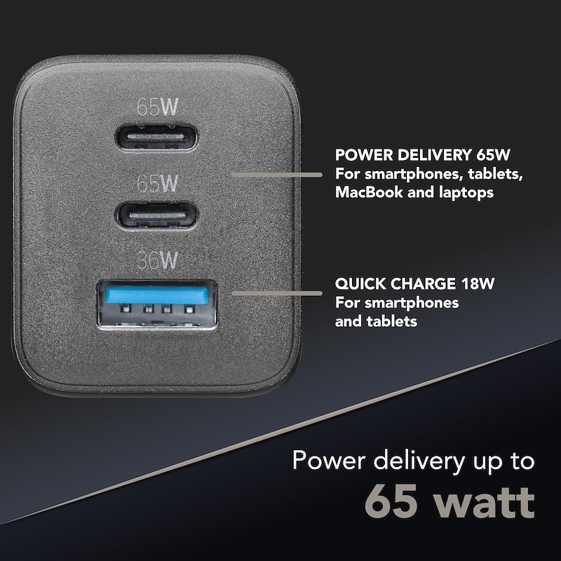 Cellularline CARICABATTERIE RETE GAN 3 PORTE 65W  Achusbgan3pd65wk