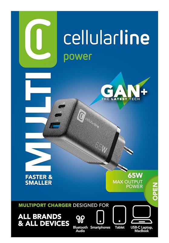 Cellularline CARICABATTERIE RETE GAN 3 PORTE 65W  Achusbgan3pd65wk
