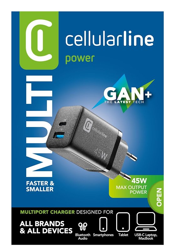 Cellularline CARICABATTERIE RETE GAN 2 PORTE 45W  Achusbgan2pd45wk