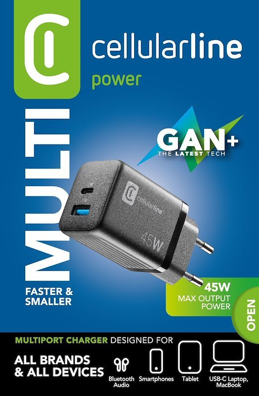 Cellularline CARICABATTERIE RETE GAN 2 PORTE 45W  Achusbgan2pd45wk