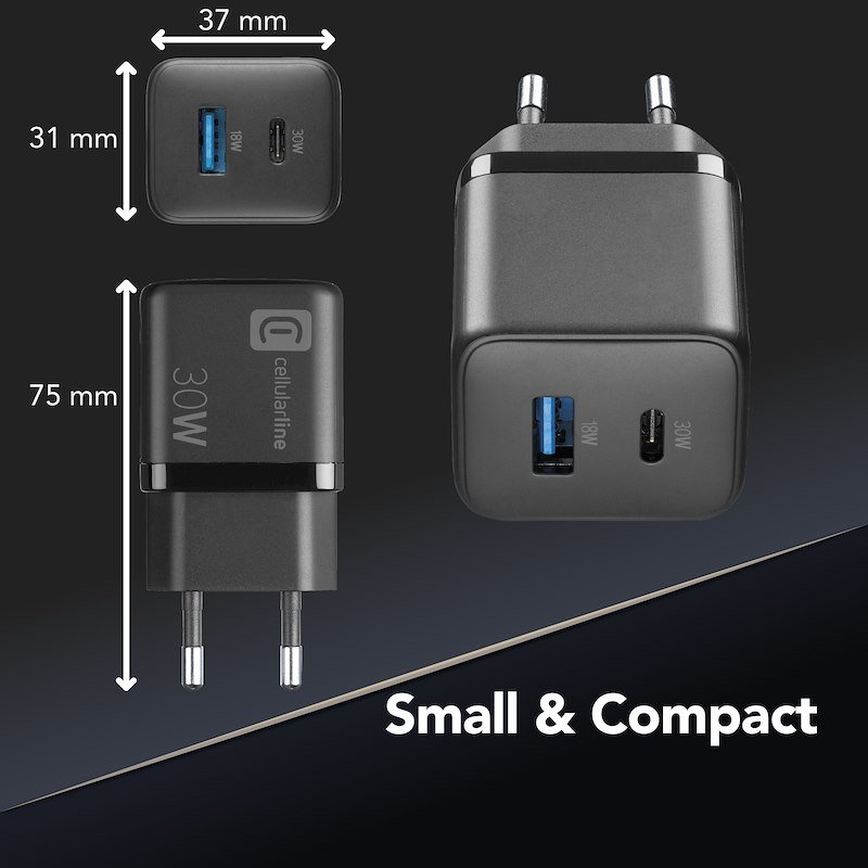 Cellularline CARICABATTERIE RETE GAN 2 PORTE 30W Achusbgan2pd30wk
