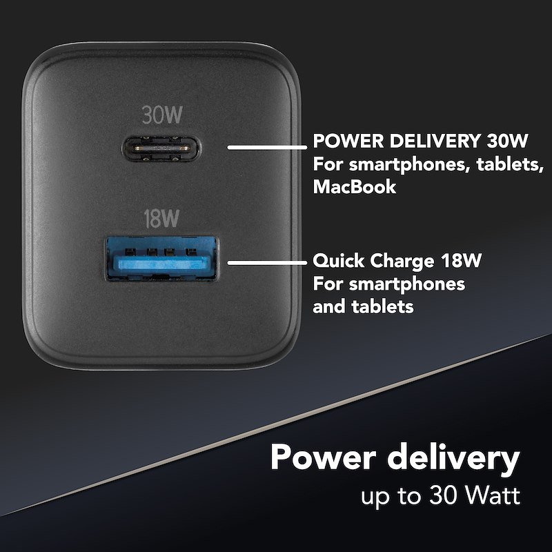 Cellularline CARICABATTERIE RETE GAN 2 PORTE 30W Achusbgan2pd30wk