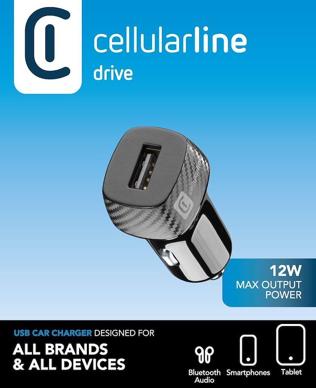 Cellularline - USB Car Charger 12W - Caricabatteria da auto USB 12W - Adattatore Automatico Prese Accendisigari 12V/24V - Protezione da Sovraccarichi e Cortocircuiti - Nero - 5