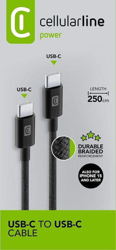 Cellularline Cavo Telato 250 cm USB-C to USB-C USBDATABRCTOC25K Nero