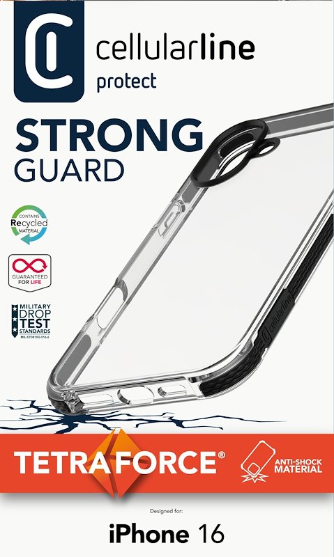 Cellularline Custodia iPhone 16 Tetra Force Strong Guard Trasparente / Nero