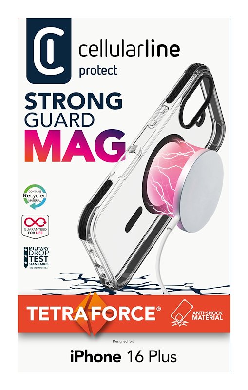 Cellularline Custodia iPhone 16 Plus Tetra Force Strong Guard Magsafe Trasparente / Nero