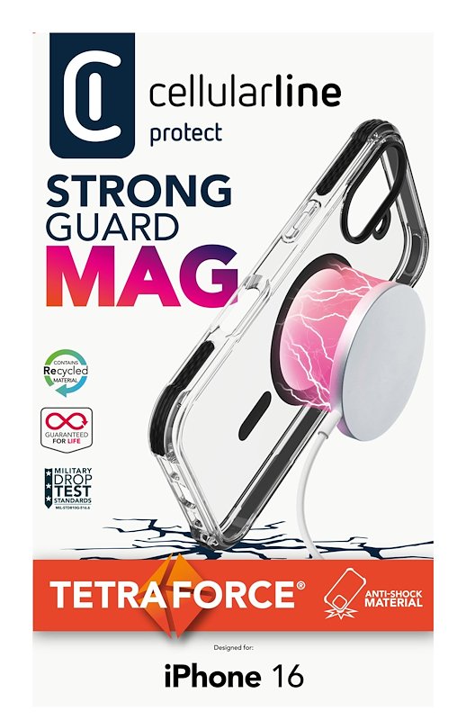 Cellularline Custodia iPhone 16 Tetra Force Strong Guard Magsafe Trasparente / Nero