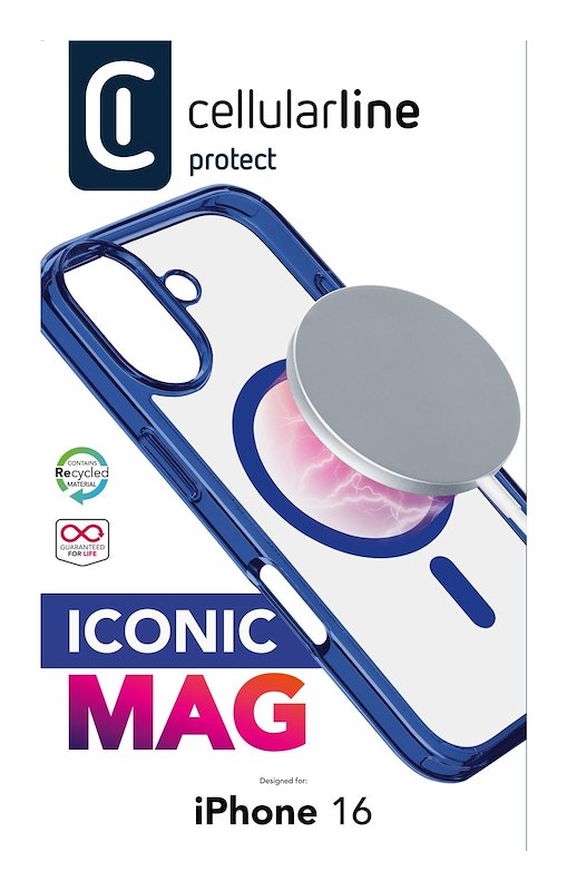 Cellularline Custodia iPhone 16 Iconic Magsafe Trasparente / Blu