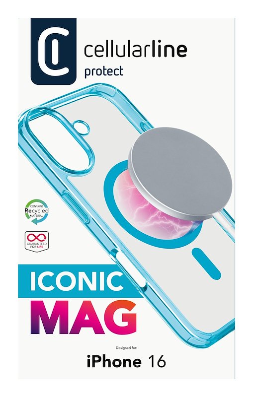 Cellularline Custodia iPhone 16 Iconic Magsafe Trasparente / Azzurro