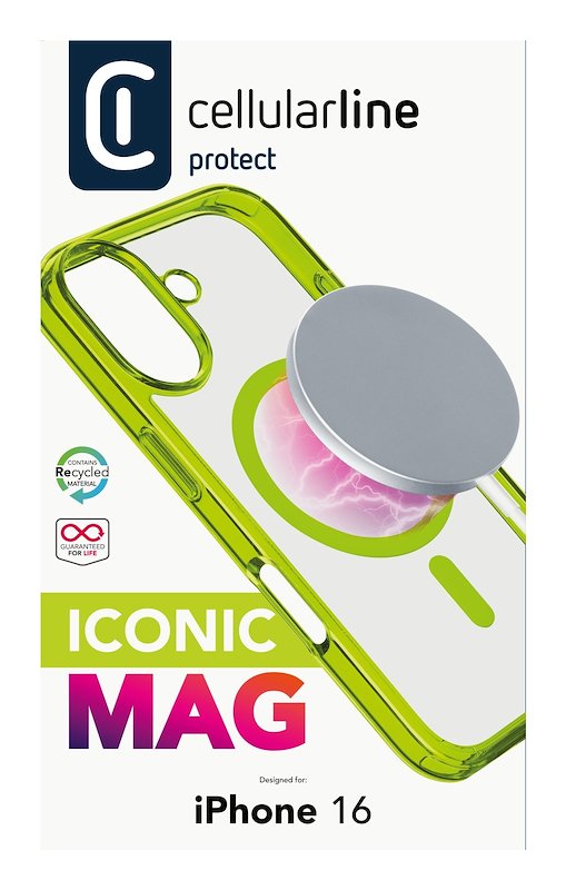Cellularline Custodia iPhone 16 Iconic Magsafe Trasparente / Lime
