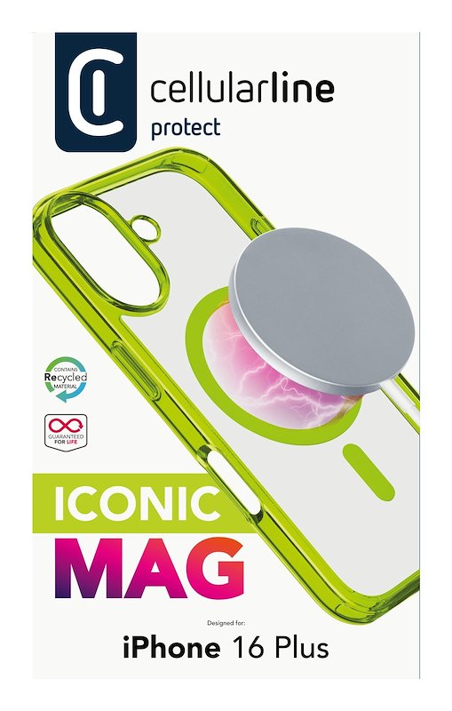 Cellularline Custodia iPhone 16 Plus Iconic Magsafe Trasparente / Lime
