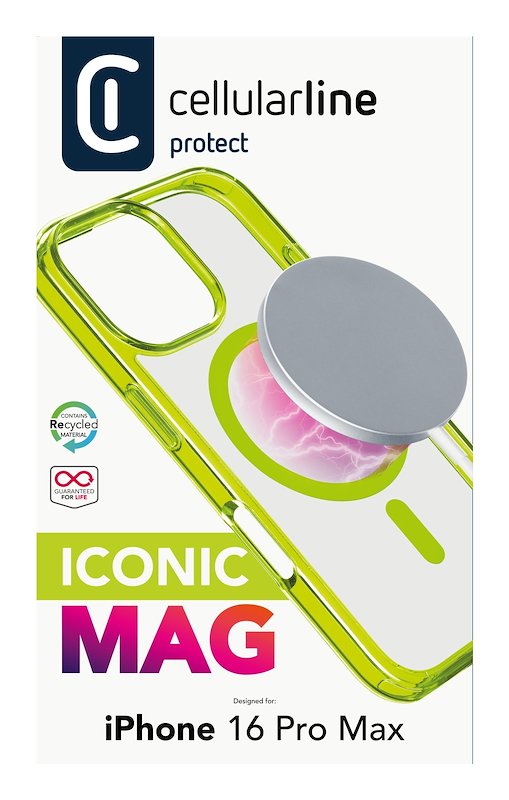 Cellularline Custodia iPhone 16 Pro Max Iconic Magsafe Trasparente / Lime