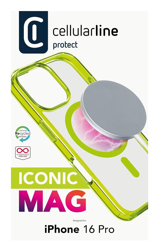 Cellularline Custodia iPhone 16 Pro Iconic Magsafe Trasparente / Lime