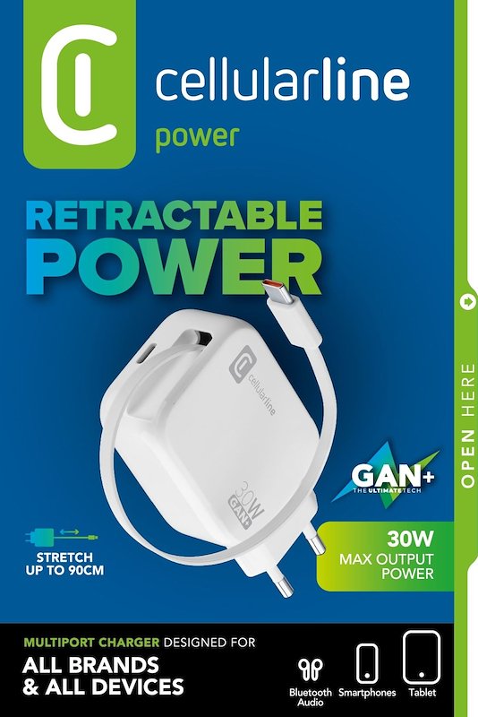 Caricabatteria Cellularline Retractable Power 30W Da 30W, Bianco - 15