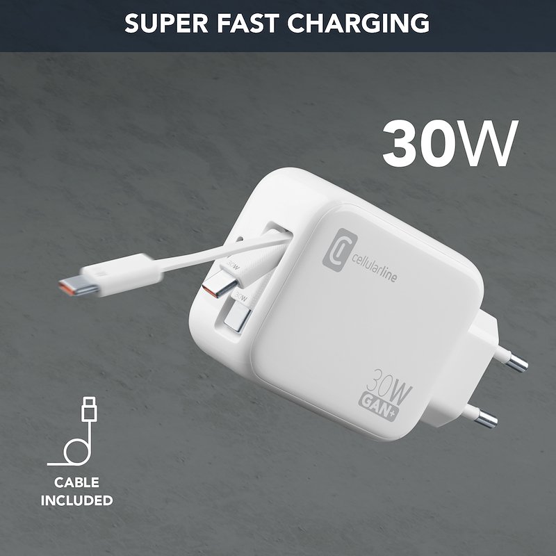 Caricabatteria Cellularline Retractable Power 30W Da 30W, Bianco - 7