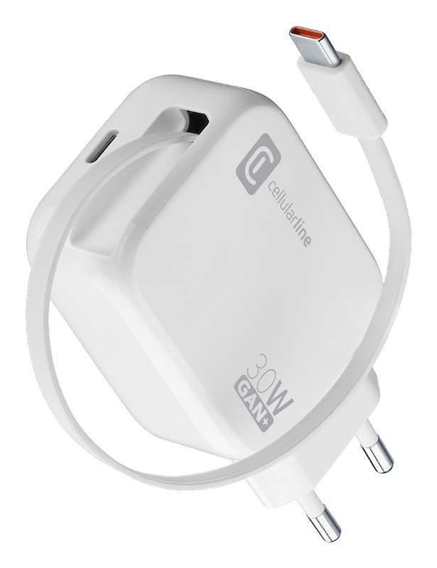 Caricabatteria Cellularline Retractable Power 30W Da 30W, Bianco