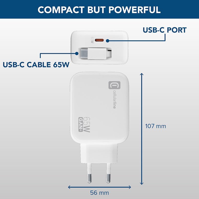 Cellularline Caricabatterie da rete Retractable Power 65W Achrollusbcgan65ww
