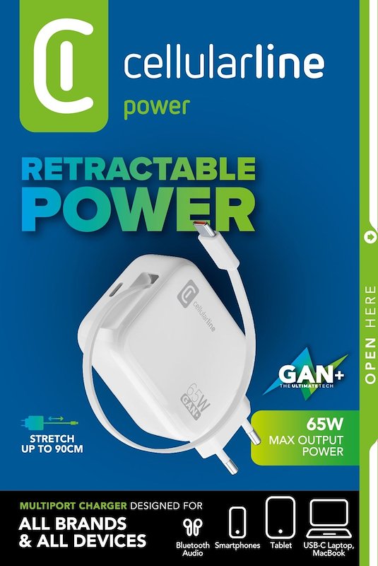 Cellularline Caricabatterie da rete Retractable Power 65W Achrollusbcgan65ww