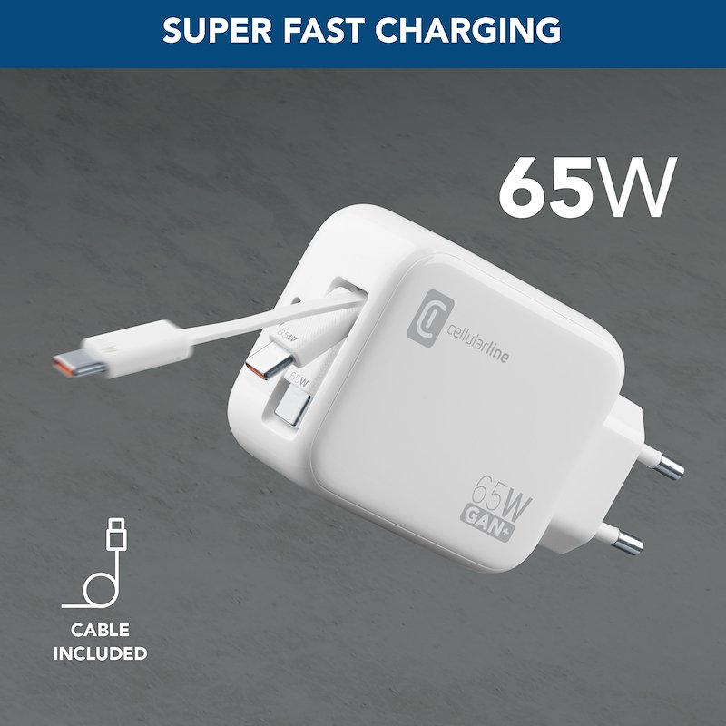 Cellularline Caricabatterie da rete Retractable Power 65W Achrollusbcgan65ww