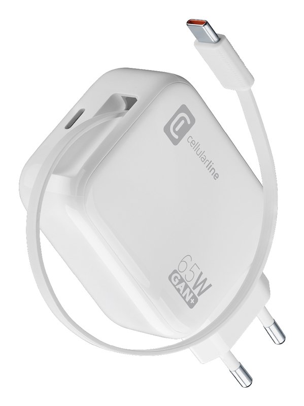 Cellularline Caricabatterie da rete Retractable Power 65W Achrollusbcgan65ww