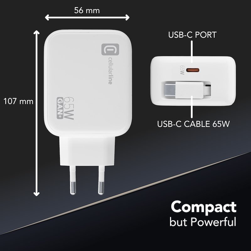 Cellularline Caricabatterie da rete Retractable Power 65W Achrollusbcgan65ww