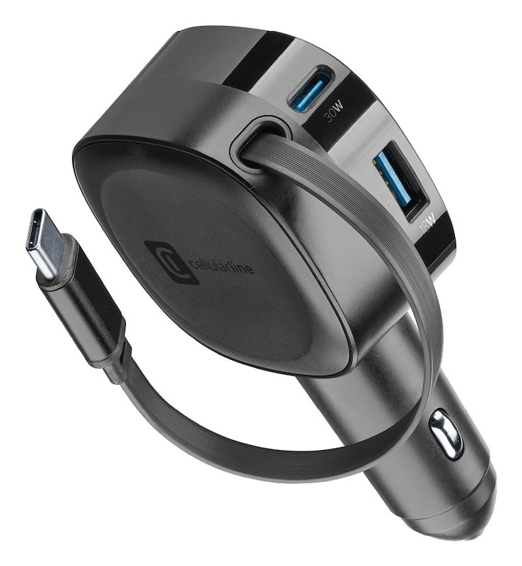 Cellularline Retractable Car Charger Caricabatterie da auto 65W Cbrroll2usb60wk Nero