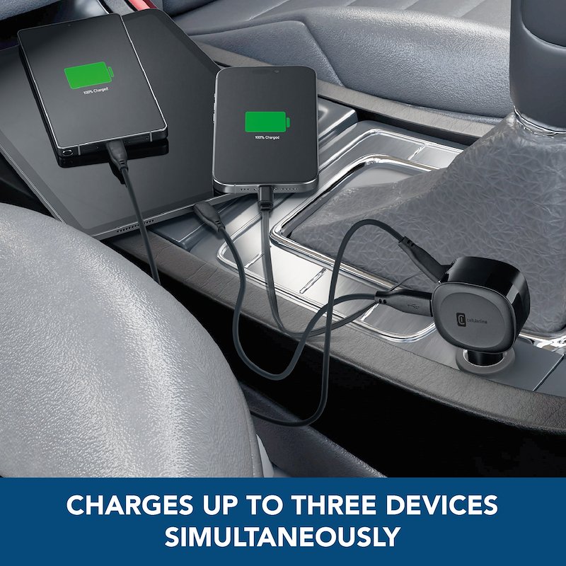 Cellularline Retractable Car Charger Caricabatterie da auto 65W Cbrroll2usb60wk Nero